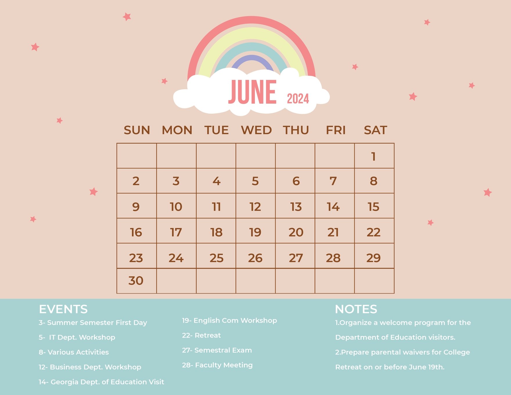June 2024 Calendar Word Templates Design Free Download Template