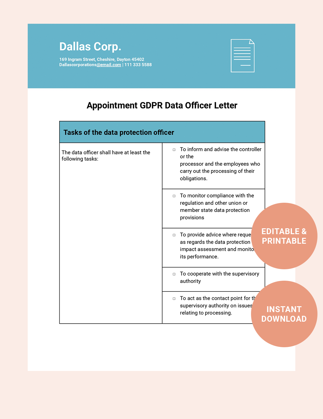 Appointment GDPR Data Officer Letter