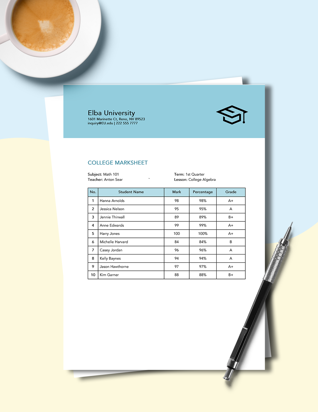 Free College Marksheet Template in Google Docs