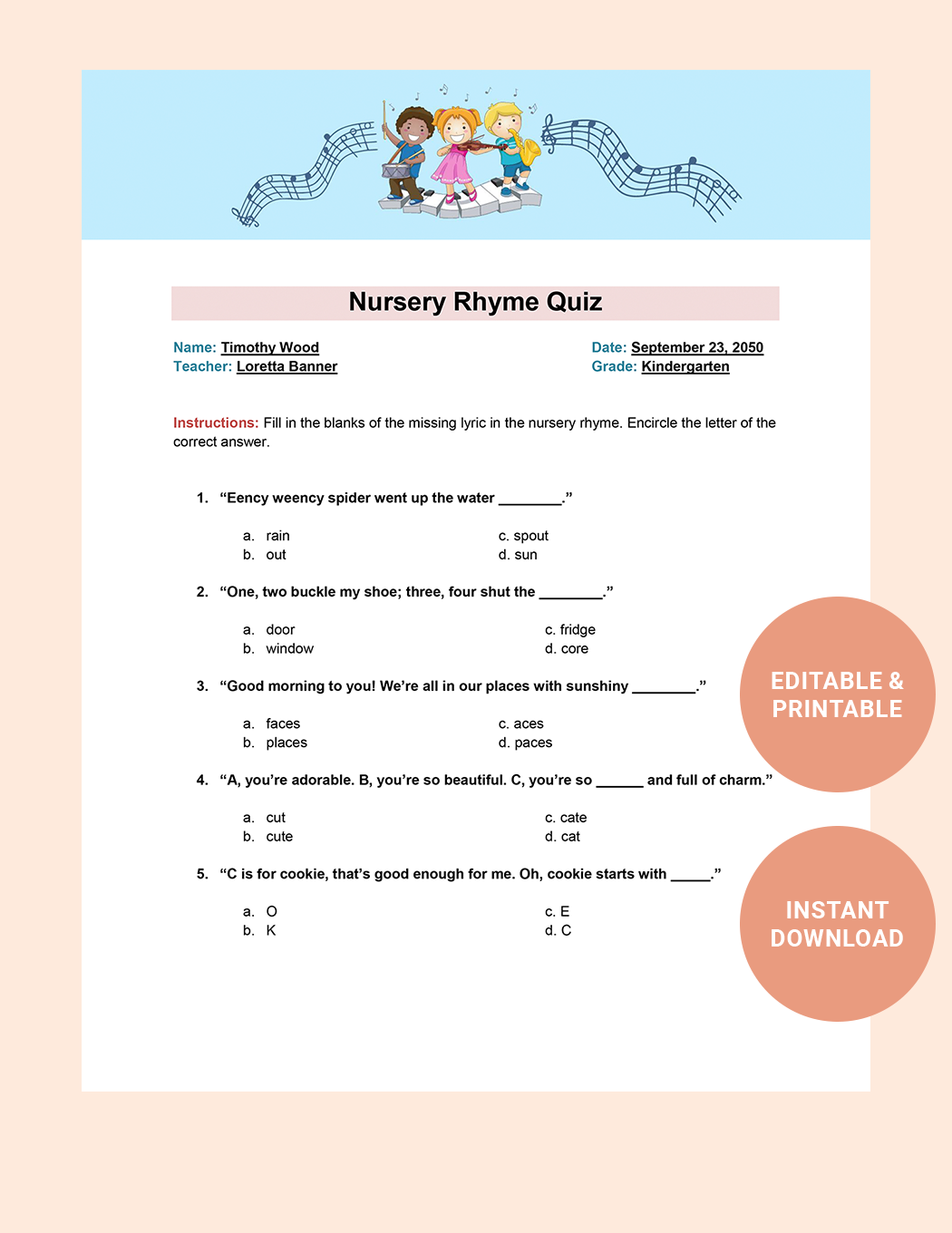 Nursery Rhyme Quiz Template