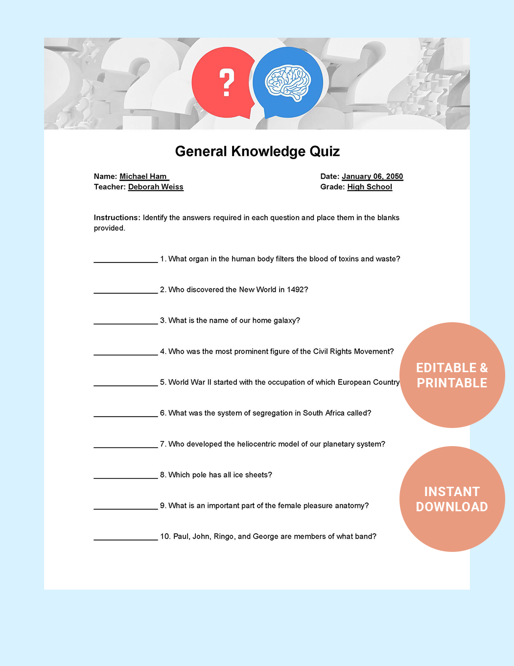 General Knowledge Quiz Template in Word, Google Docs