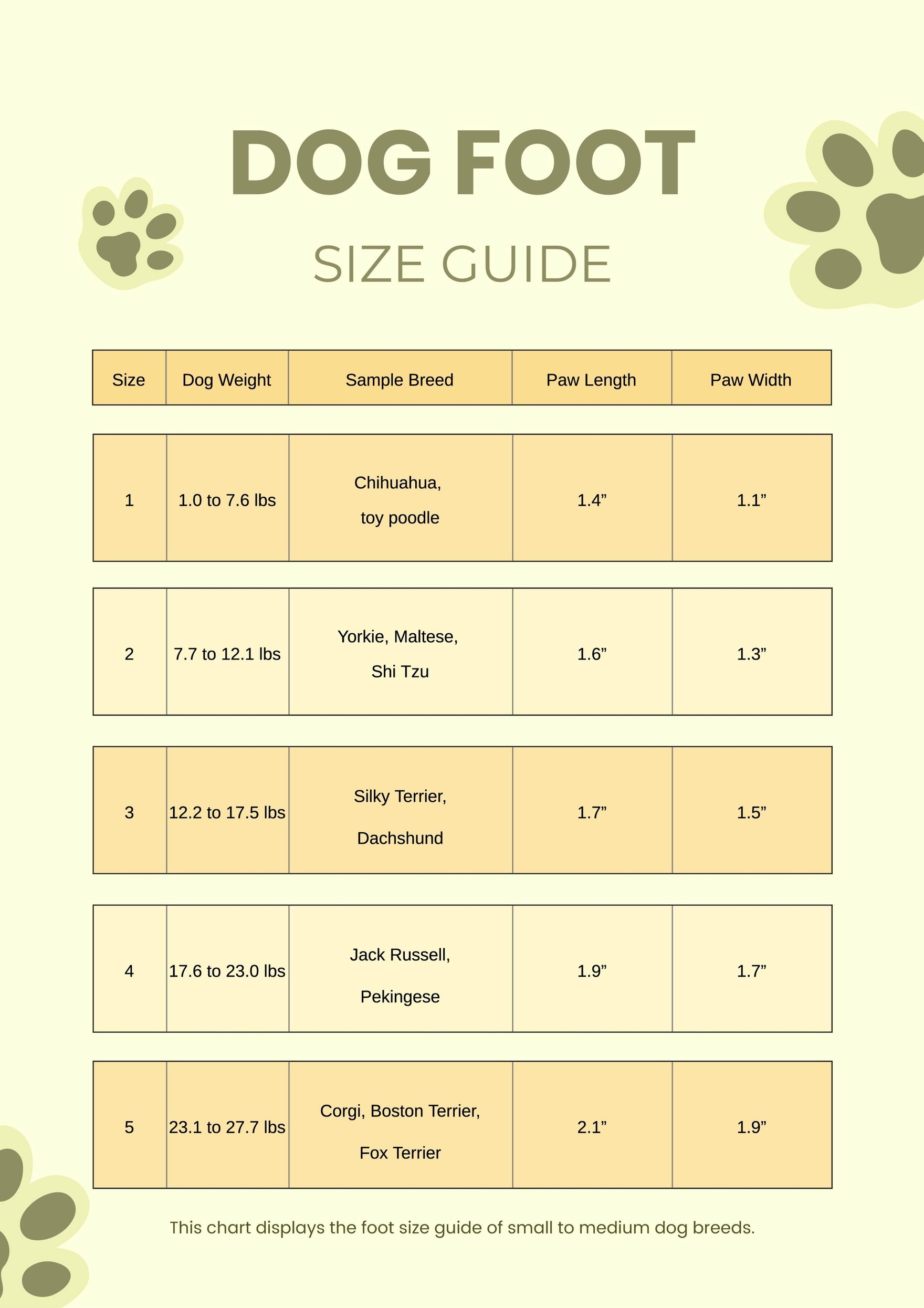 Dog Foot Size Chart in PDF, Illustrator