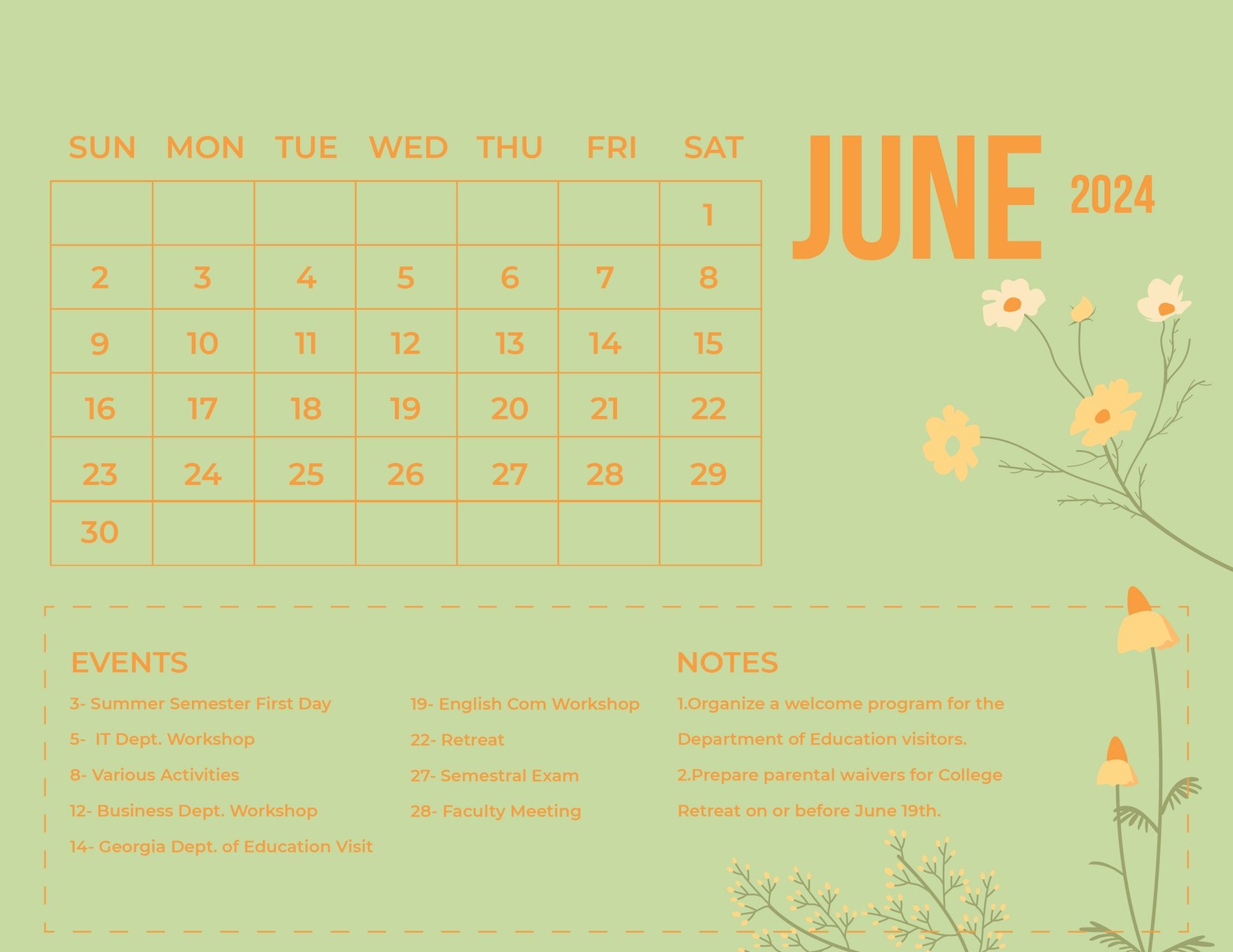 Floral June 2024 Calendar