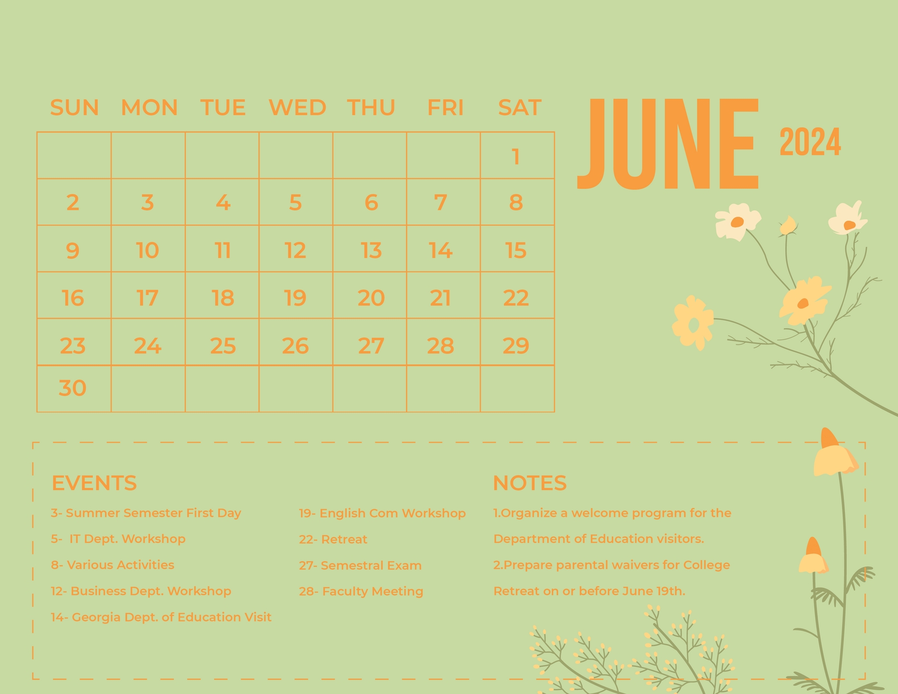 Floral June 2024 Calendar Printable 2024 CALENDAR PRINTABLE