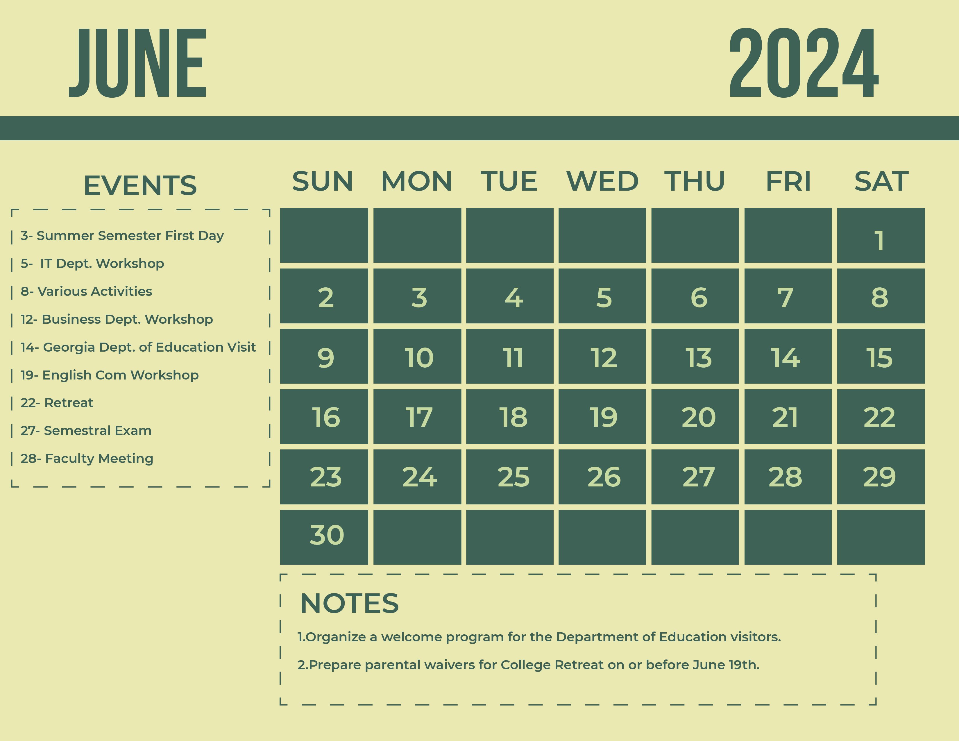 Cute June 2024 Calendar EPS, Illustrator, JPG, Word, SVG