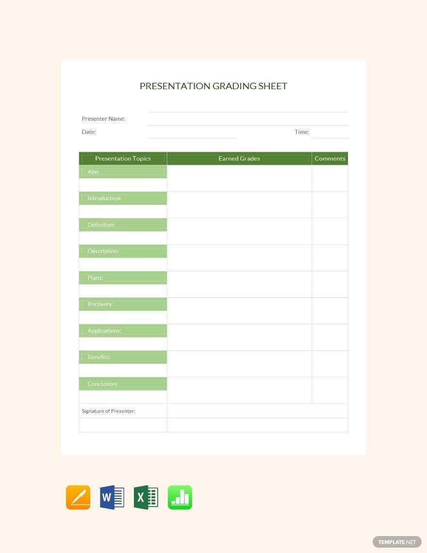 Presentation Grade Sheet Template in Word, Google Docs, Excel, Apple Pages, Apple Numbers