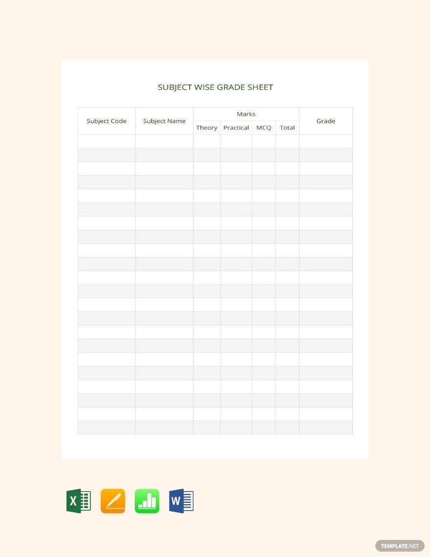 Free Subject Wise Grade Sheet Template in Word, Google Docs, Excel, Apple Pages, Apple Numbers
