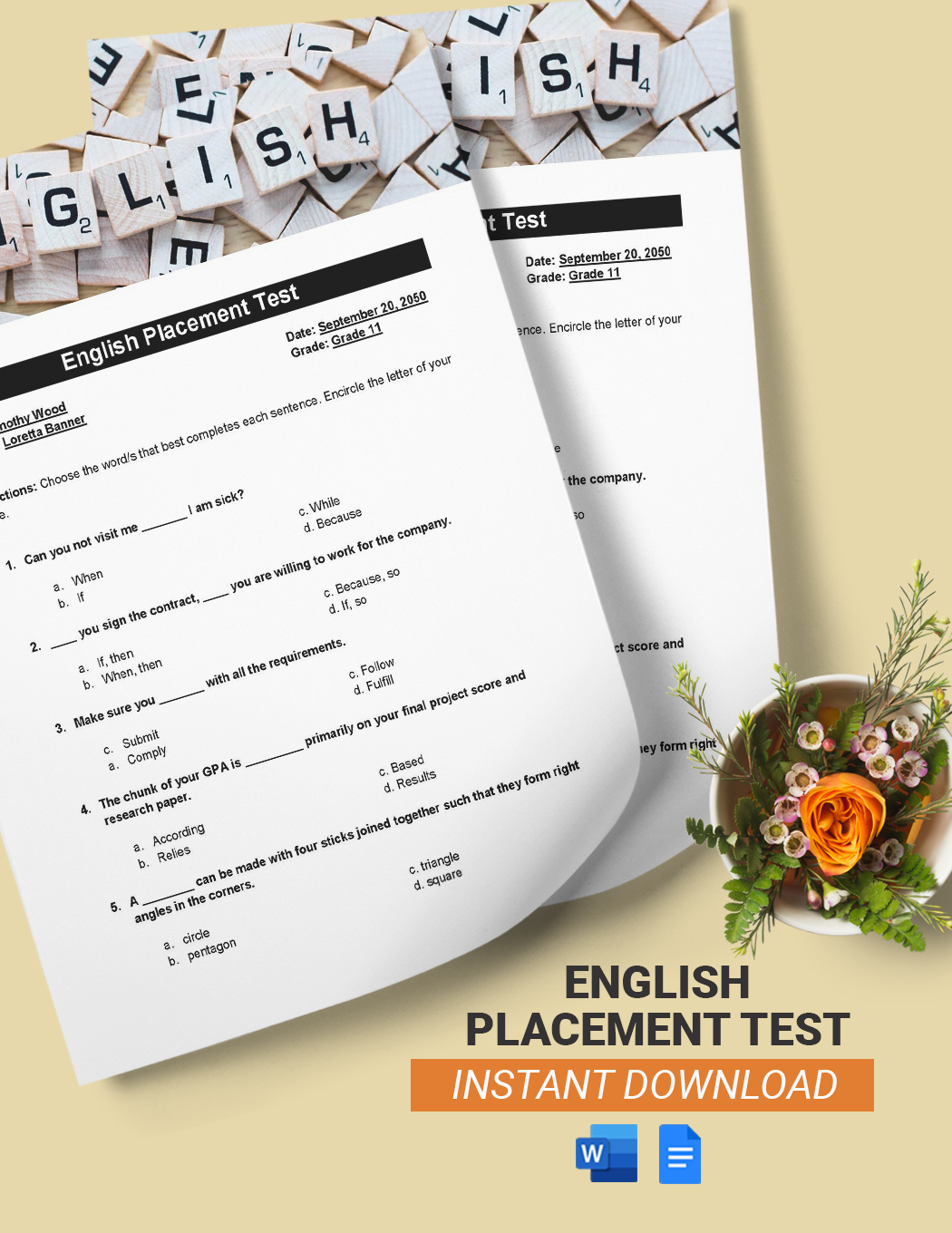 English Placement Test Template in Word, Google Docs