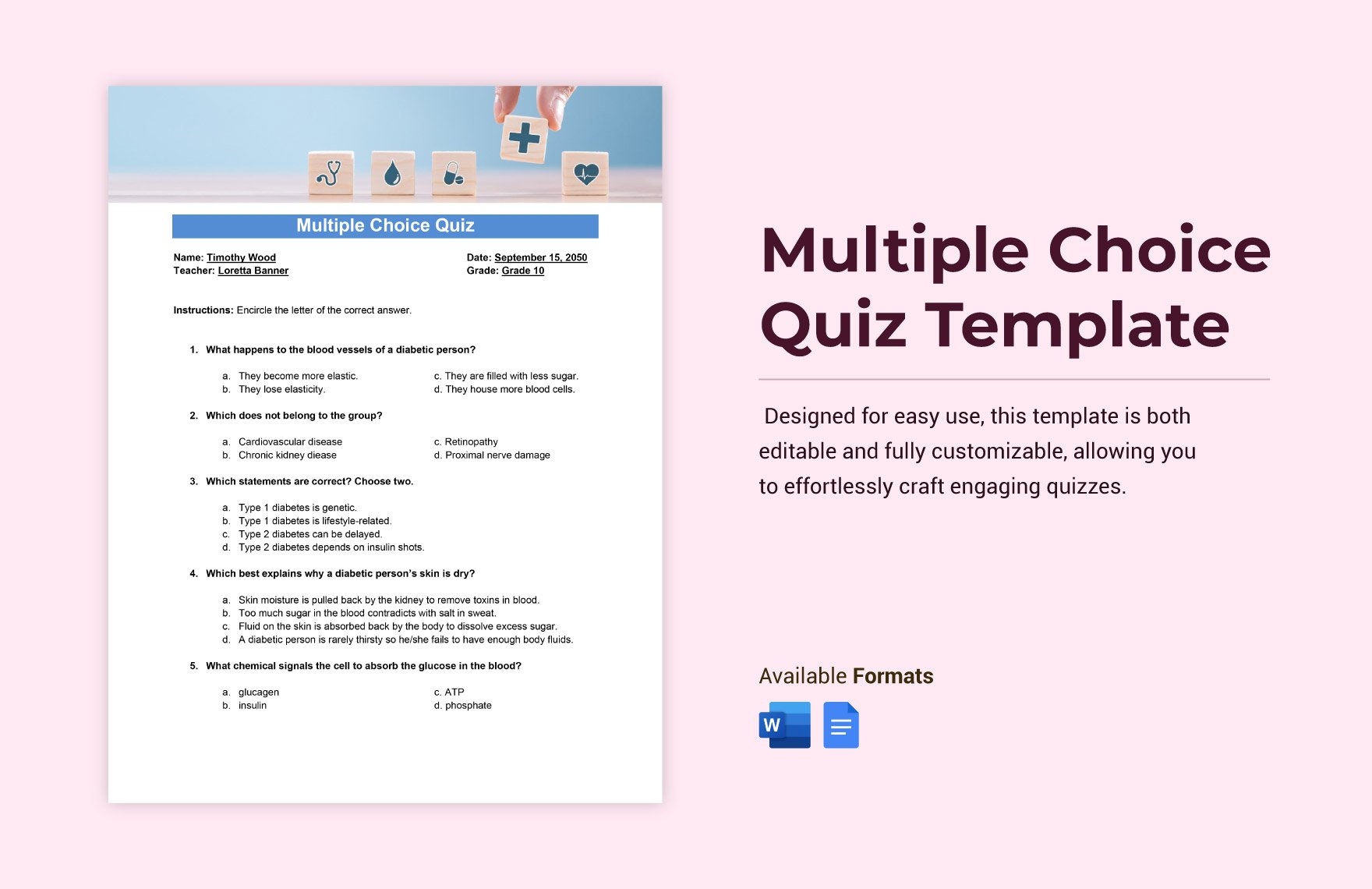 Multiple Choice Quiz Template in Word, Google Docs