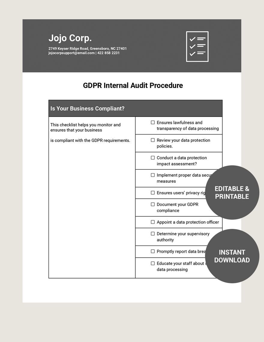 Free GDPR Internal Audit Procedure Template