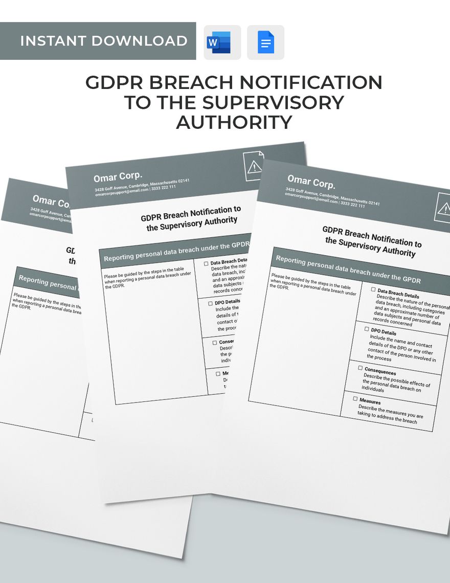 GDPR Breach Notification to the Supervisory Authority Template