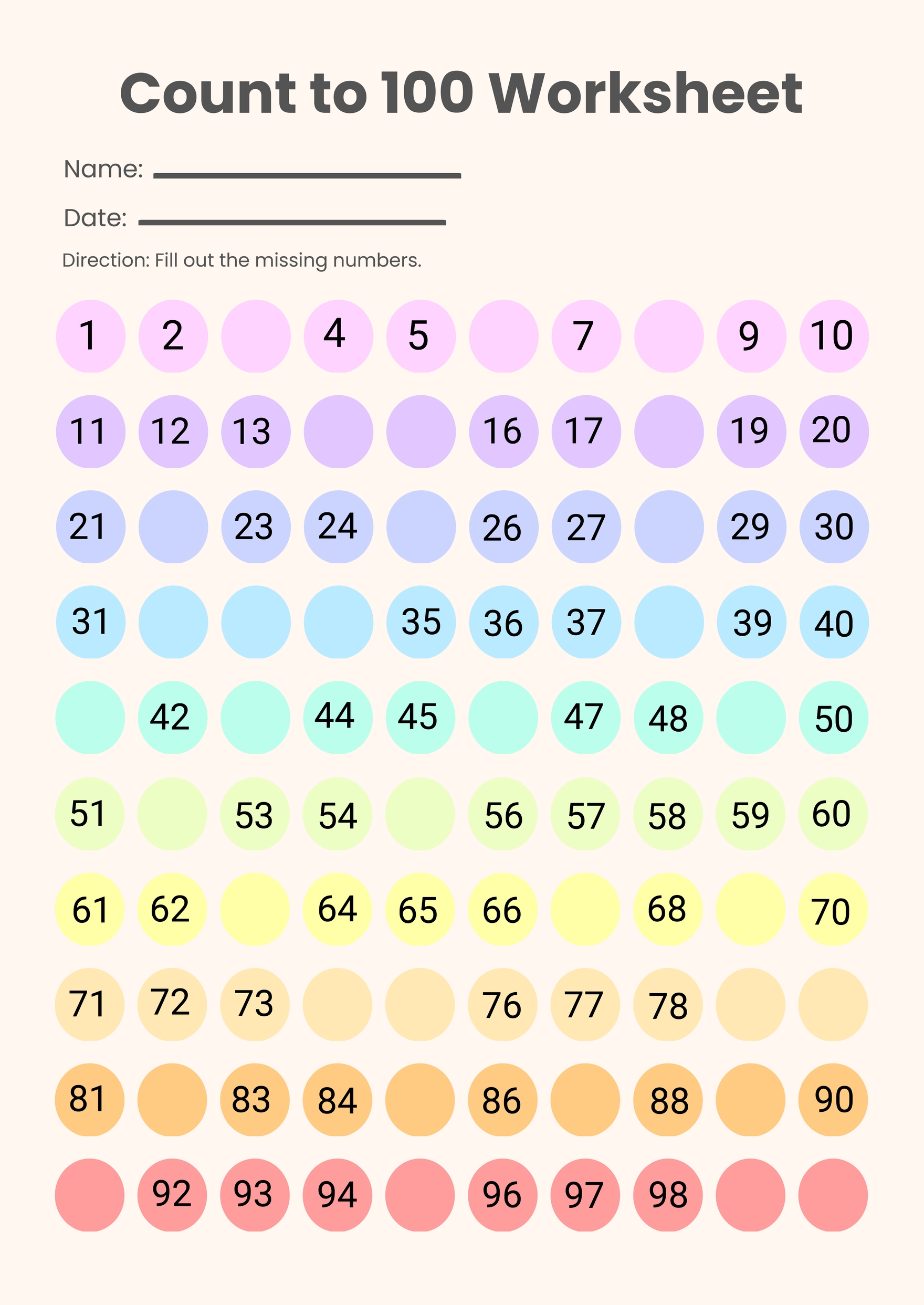 Count To 100 Circle Chart In Illustrator PDF Download Template
