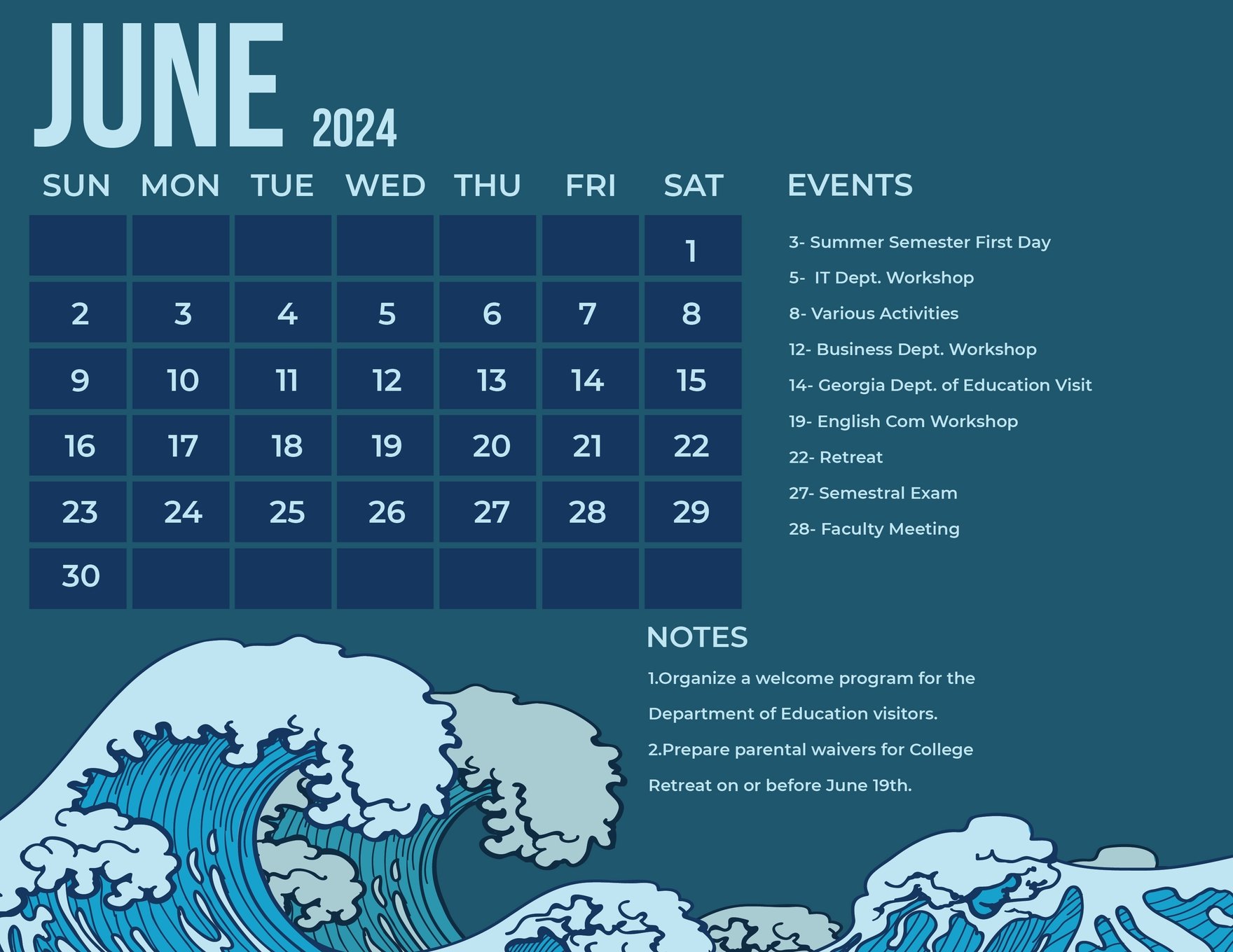 Blue June 2024 Calendar