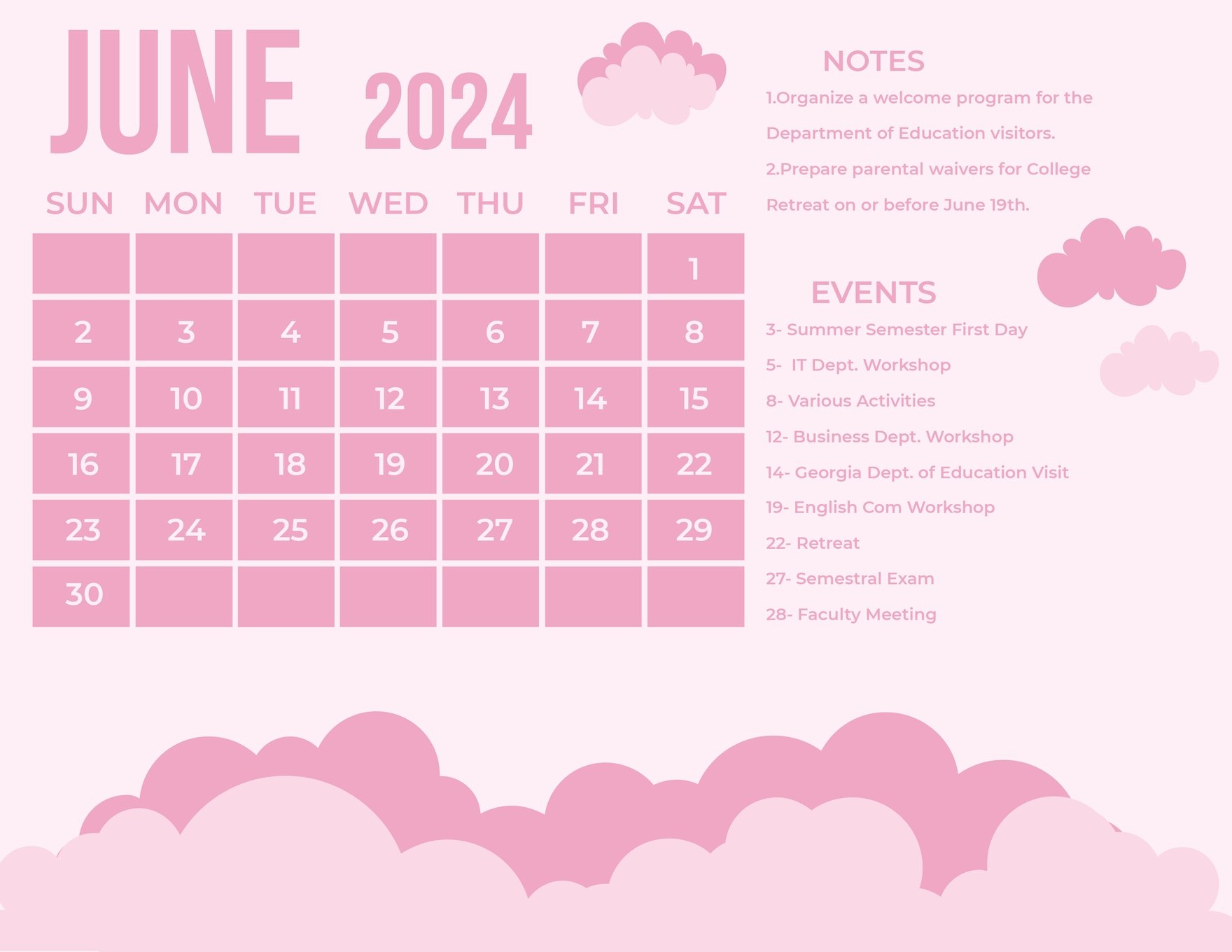 Pink June 2024 Calendar