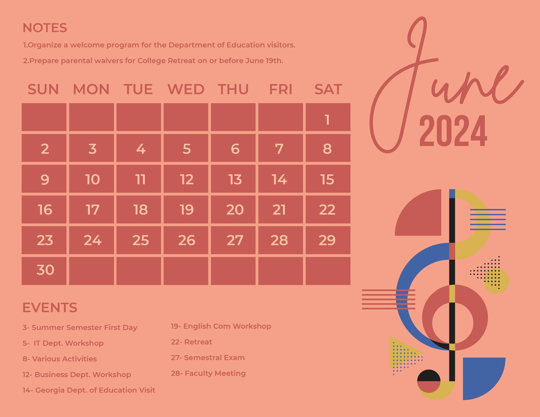 Calligraphy June 2024 Calendar in Word, Illustrator, EPS, SVG, JPG