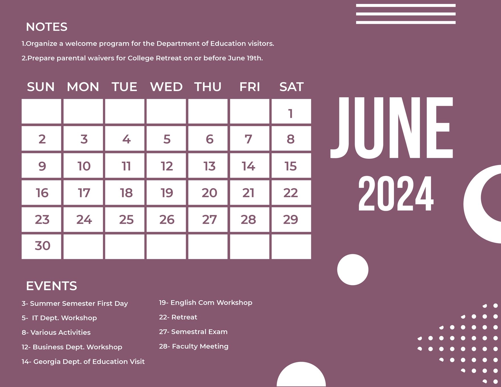 Simple June 2024 Calendar
