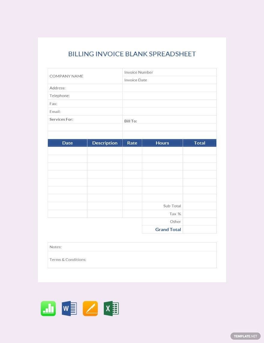 Billing Invoice Blank Spreadsheet Template