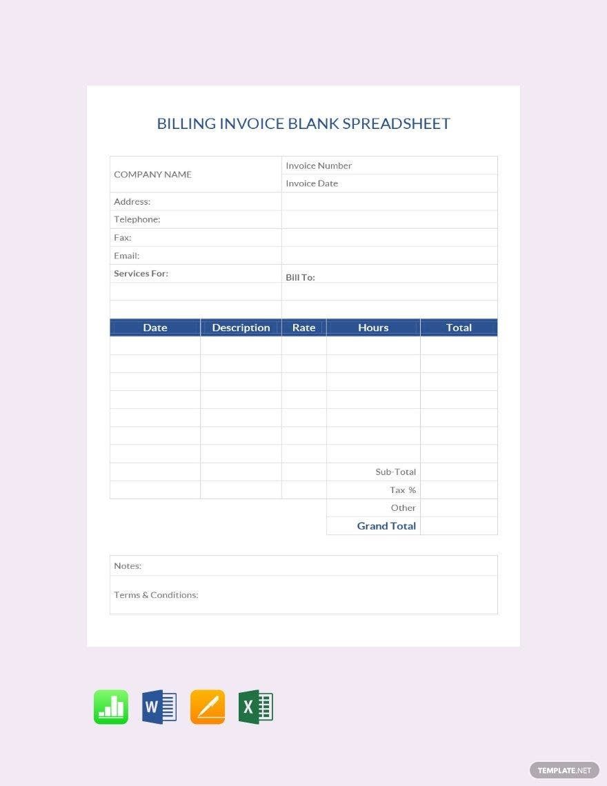 Billing Invoice Blank Spreadsheet Template in Word, Excel, Pages, Apple Numbers, Google Docs, Google Sheets - Download | Template.net