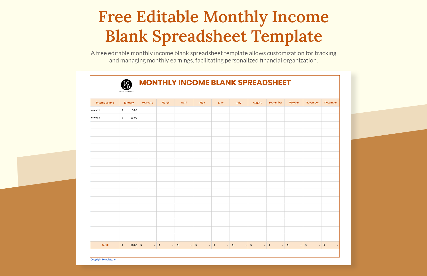 Editable Monthly Income Blank Spreadsheet Template