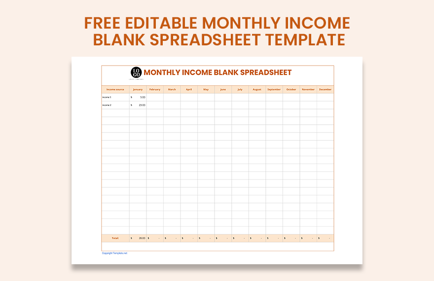 Editable Monthly Income Blank Spreadsheet Template