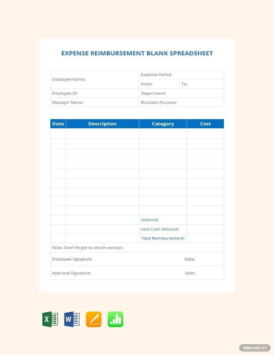 Expense Reimbursement Blank Spreadsheet Template in Word, Google Docs, Excel, Apple Pages, Apple Numbers