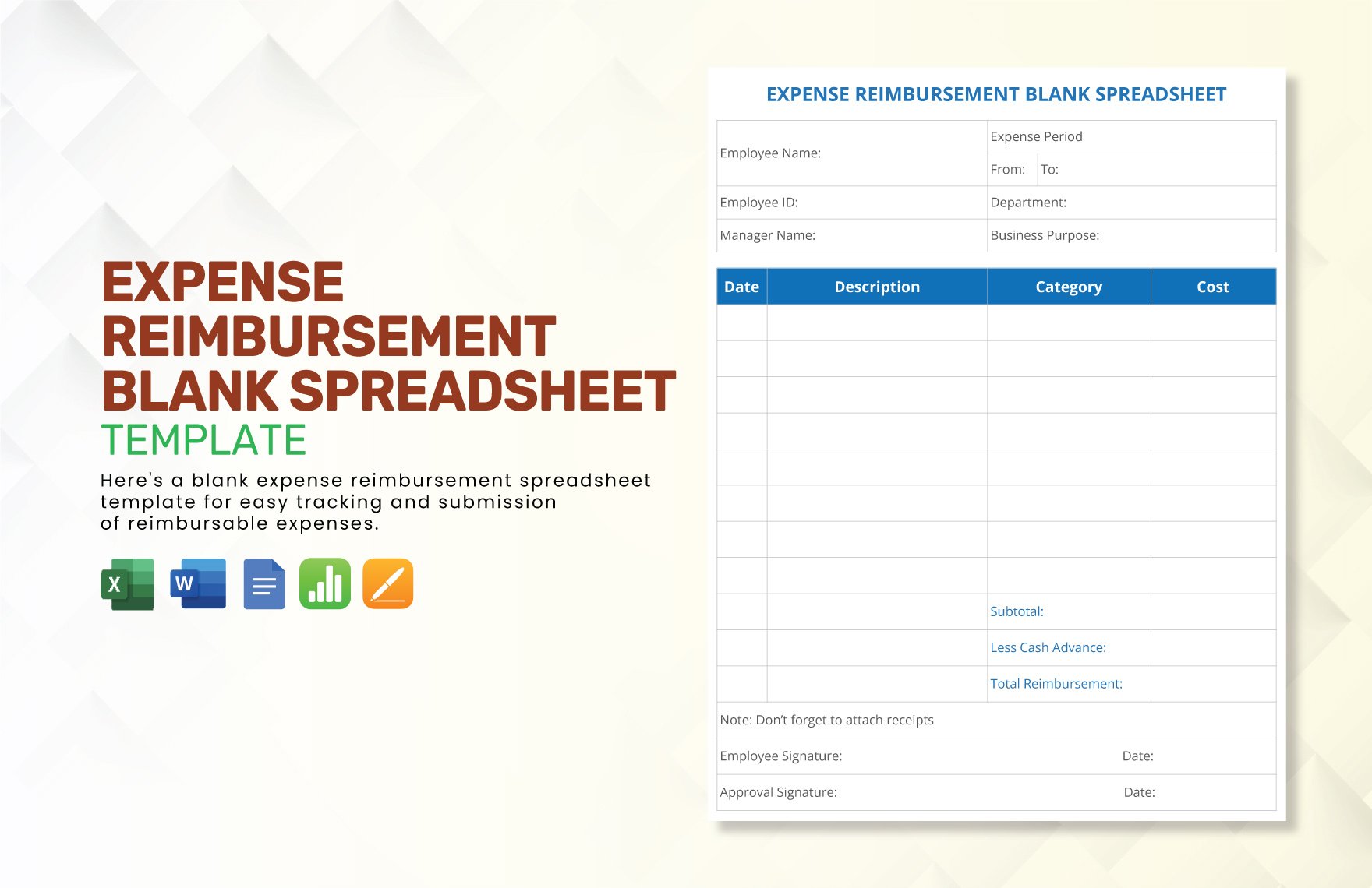 Expense Reimbursement Blank Spreadsheet Template in Word, Google Docs, Excel, Apple Pages, Apple Numbers