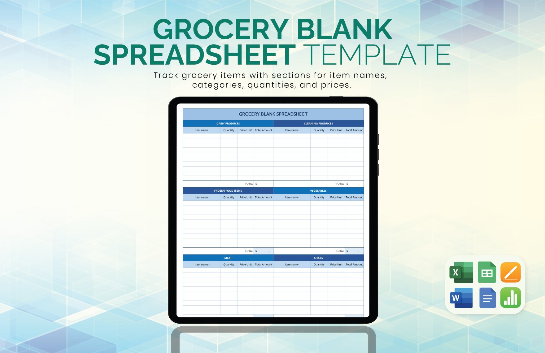 Grocery Blank Spreadsheet Template in Word, Google Docs, Excel, Google Sheets, Apple Pages, Apple Numbers