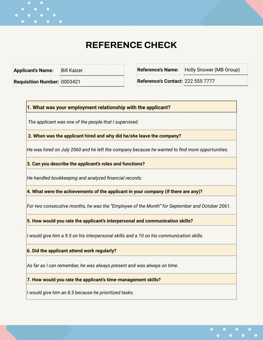 Free Reference Check Template