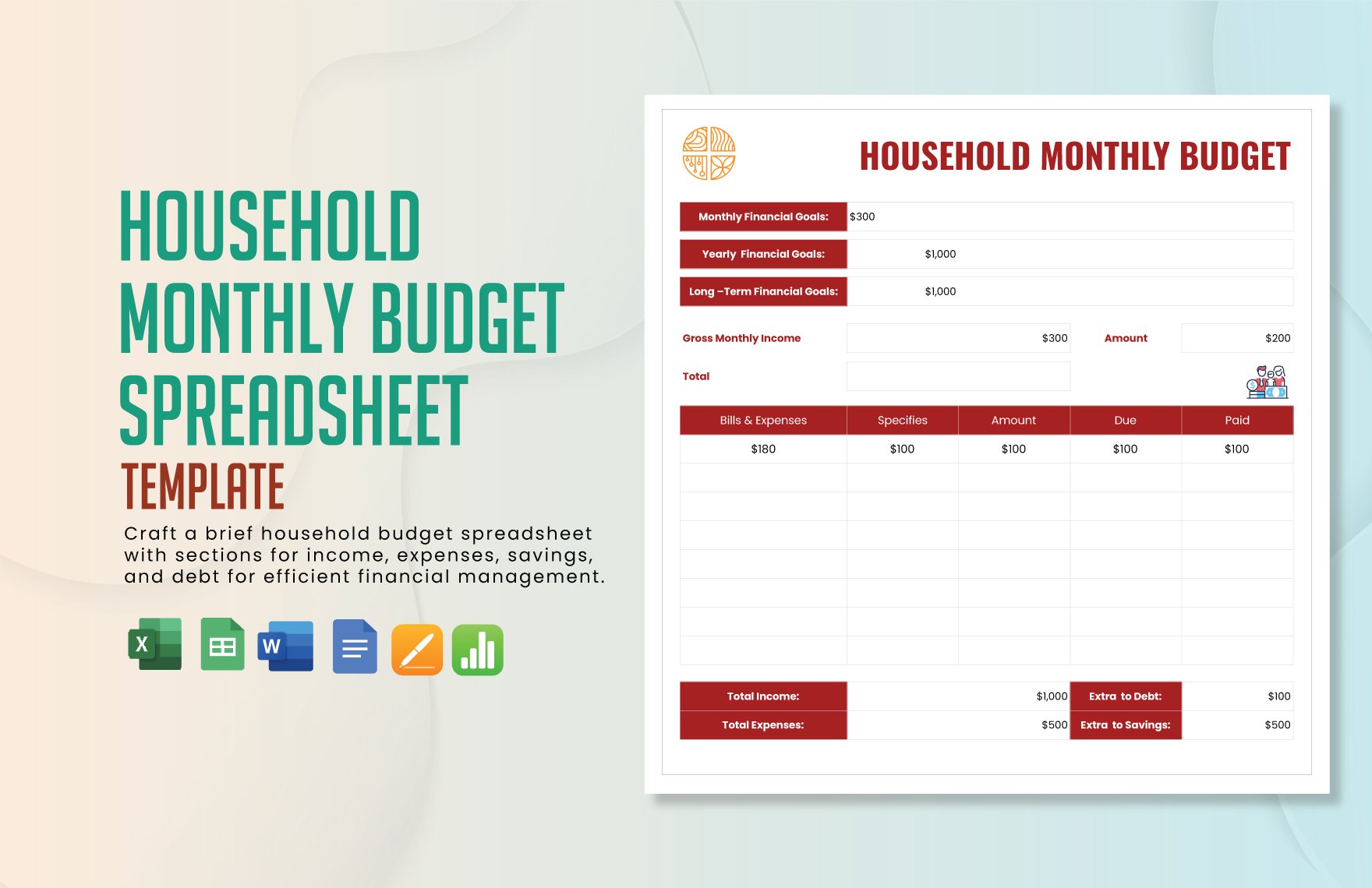 Household Monthly Budget Spreadsheet Template in Word, Google Docs, Excel, Google Sheets, Apple Pages, Apple Numbers