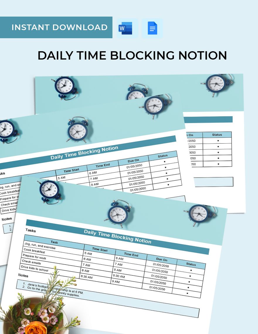 Daily Time Blocking Notion Template Google Docs, Word
