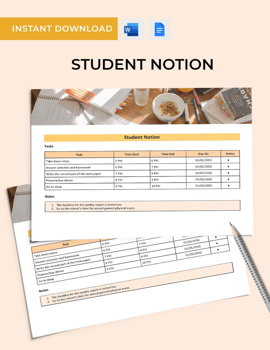 Student Notion Template in Word, Google Docs Download