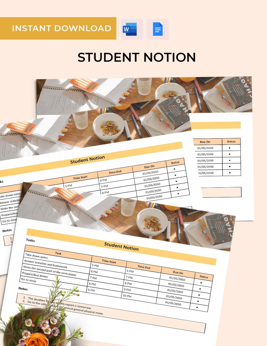 Student Notion Template in Word, Google Docs