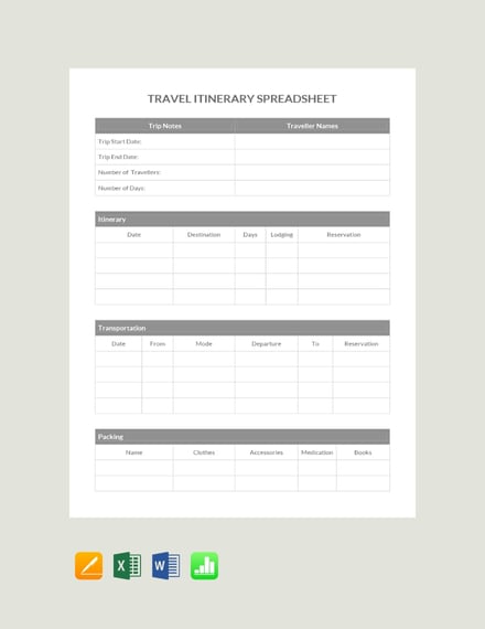 Travel Spreadsheet Template Database