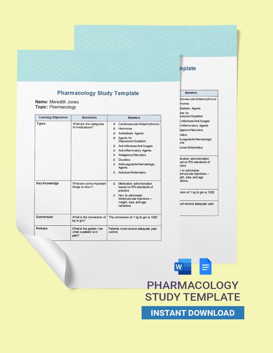 Pharmacology Study Template Download in Word, Google Docs