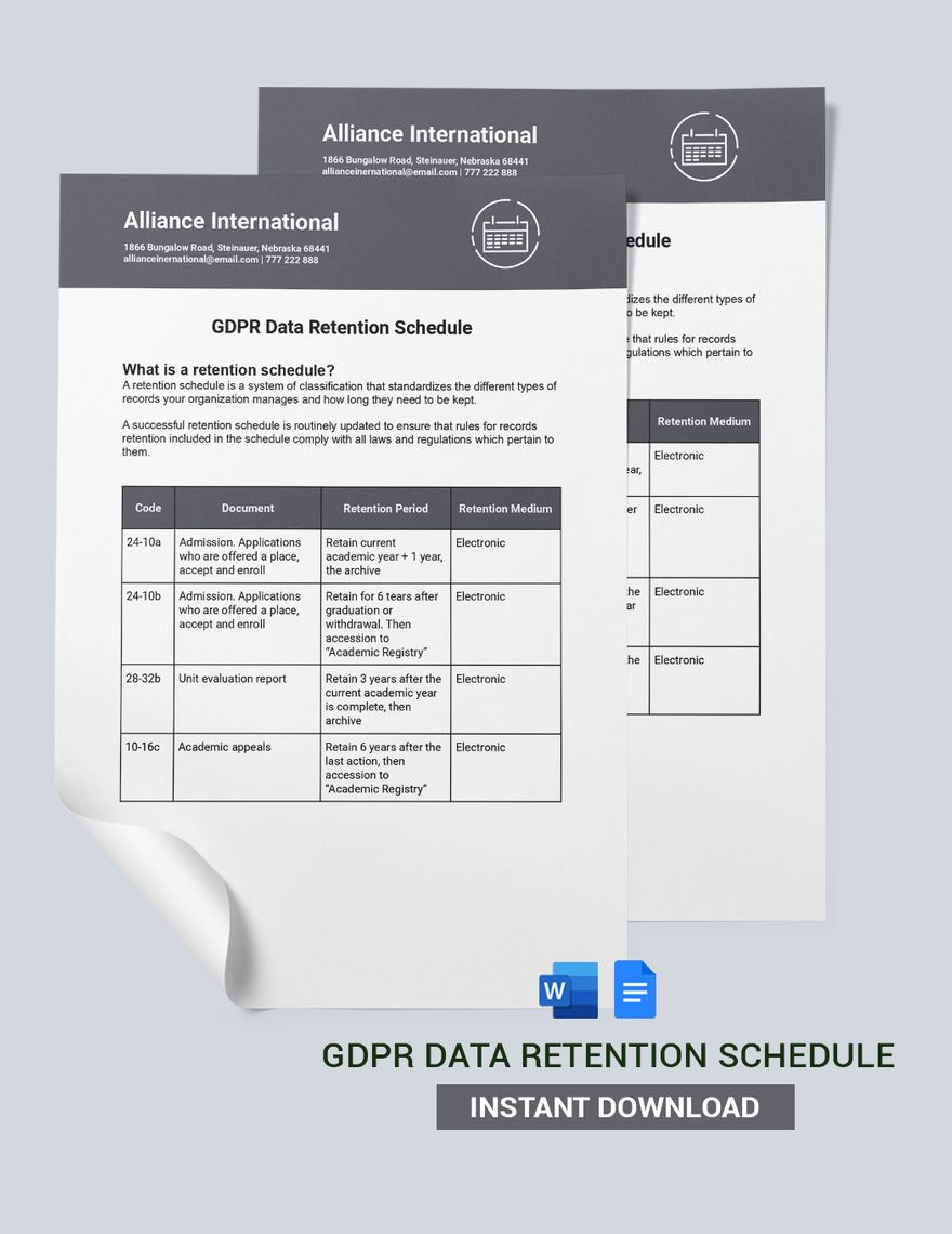 GDPR Data Retention Schedule Template