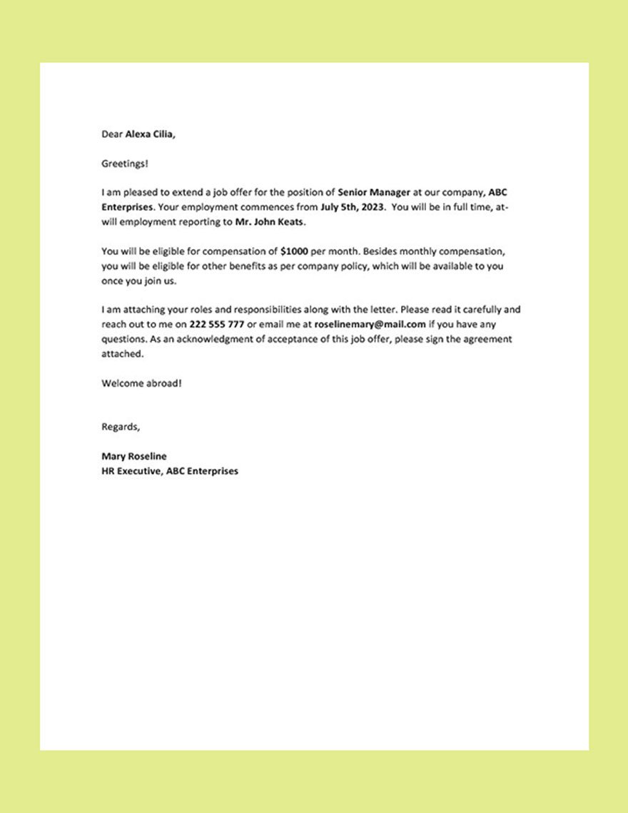 Simple Offer Letter Format Template