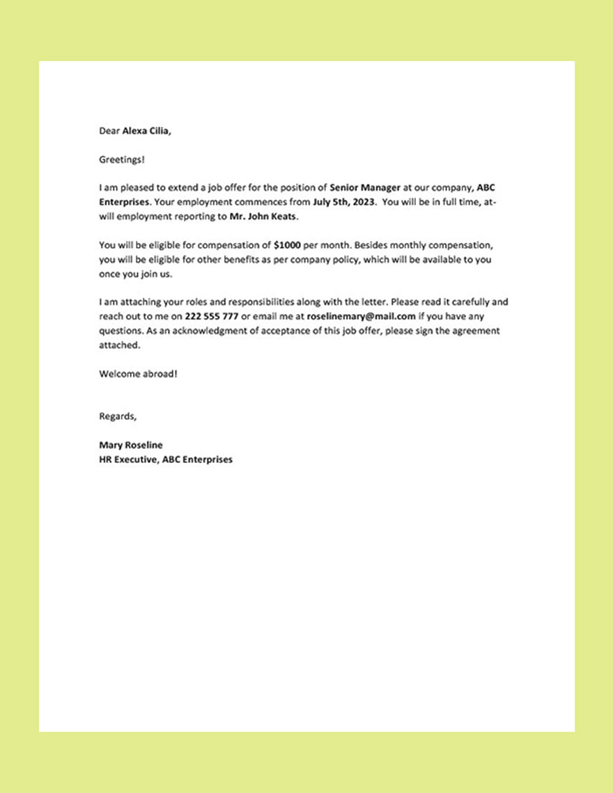 Simple Offer Letter Format Template Google Docs Word Template