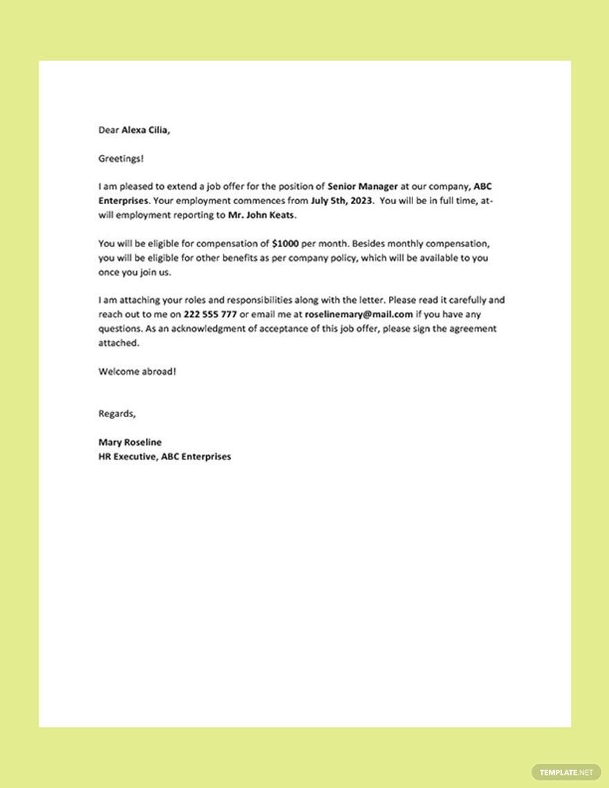 Simple Offer Letter Format Template