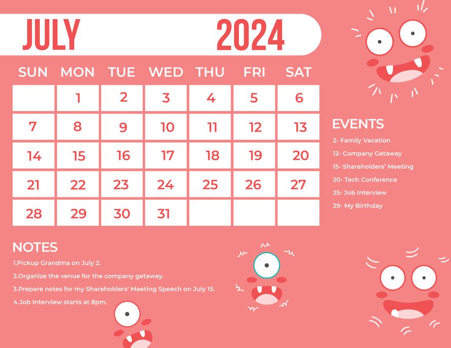 Cute July 2024 Calendar