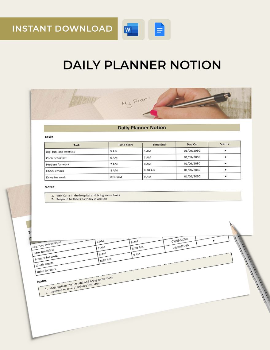 Daily Planner Notion Template in Word, Google Docs