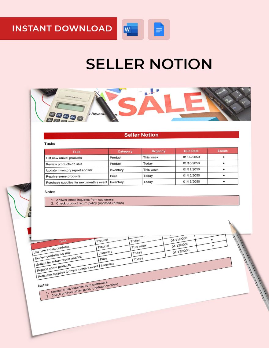 Seller Notion Template in Word, Google Docs