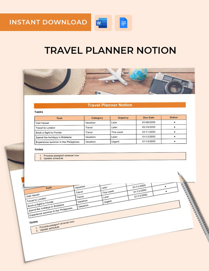 Travel Planner Notion Template in Word, Google Docs