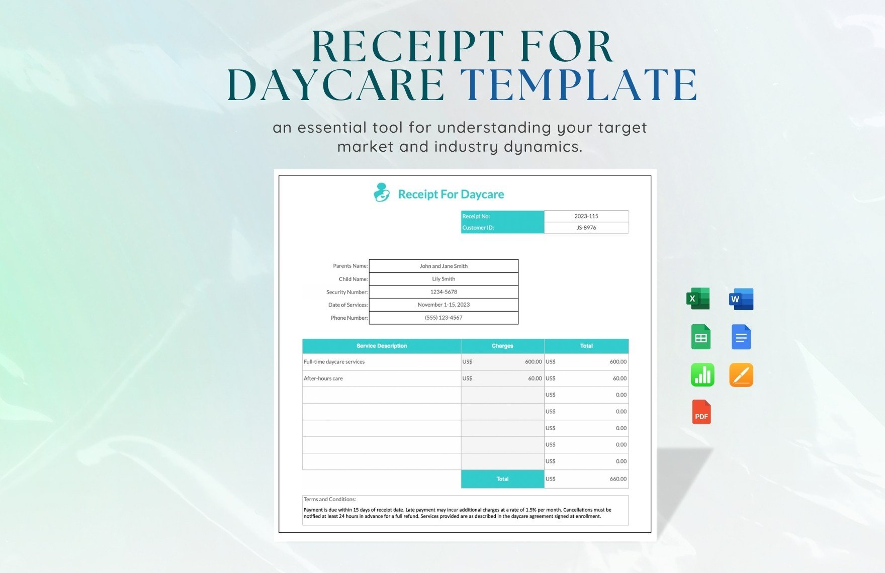 Free Receipt For Daycare Template in Word, Google Docs, Excel, PDF, Google Sheets, Apple Pages, Apple Numbers