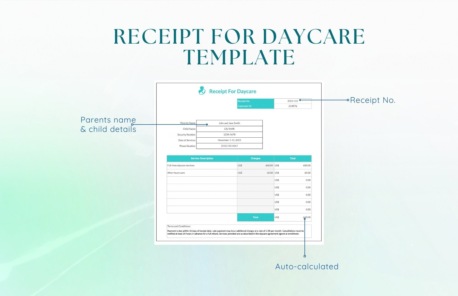 Receipt For Daycare Template