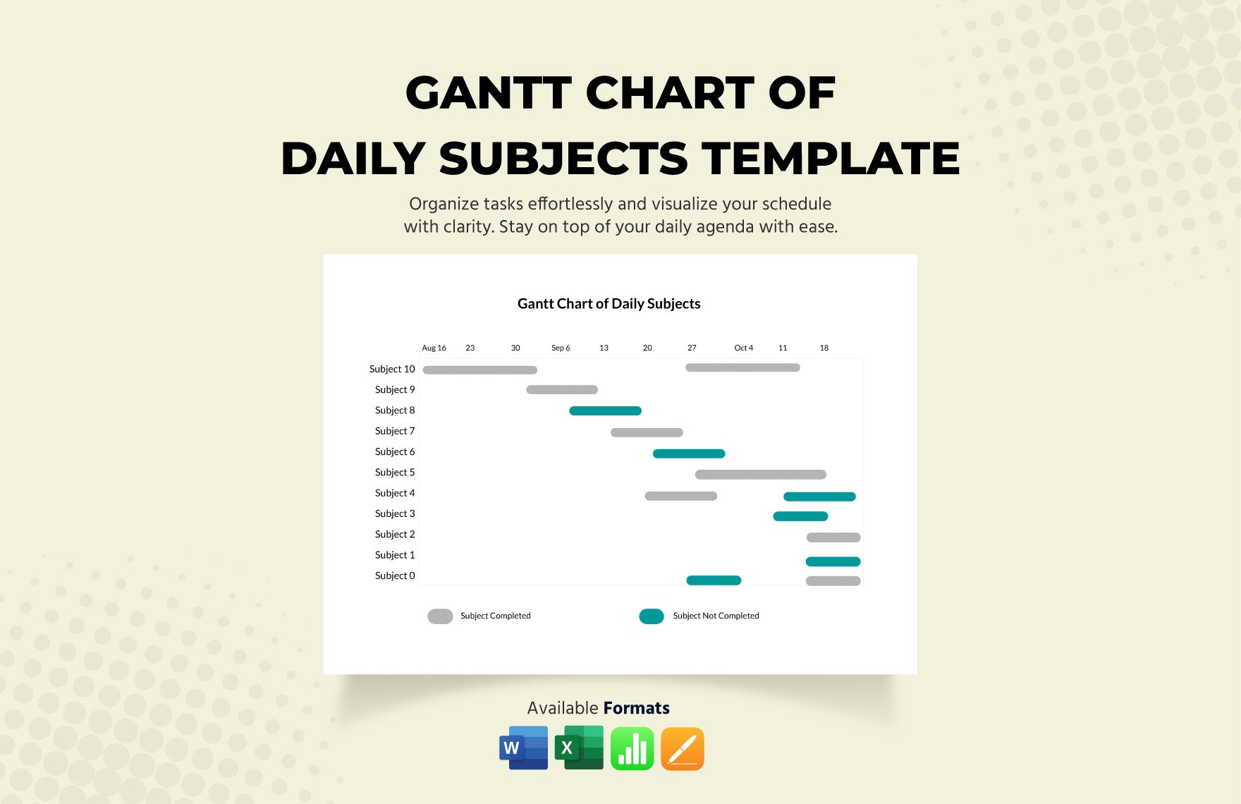 Gantt Chart of Daily Subjects Template in Word, Excel, Apple Pages, Apple Numbers