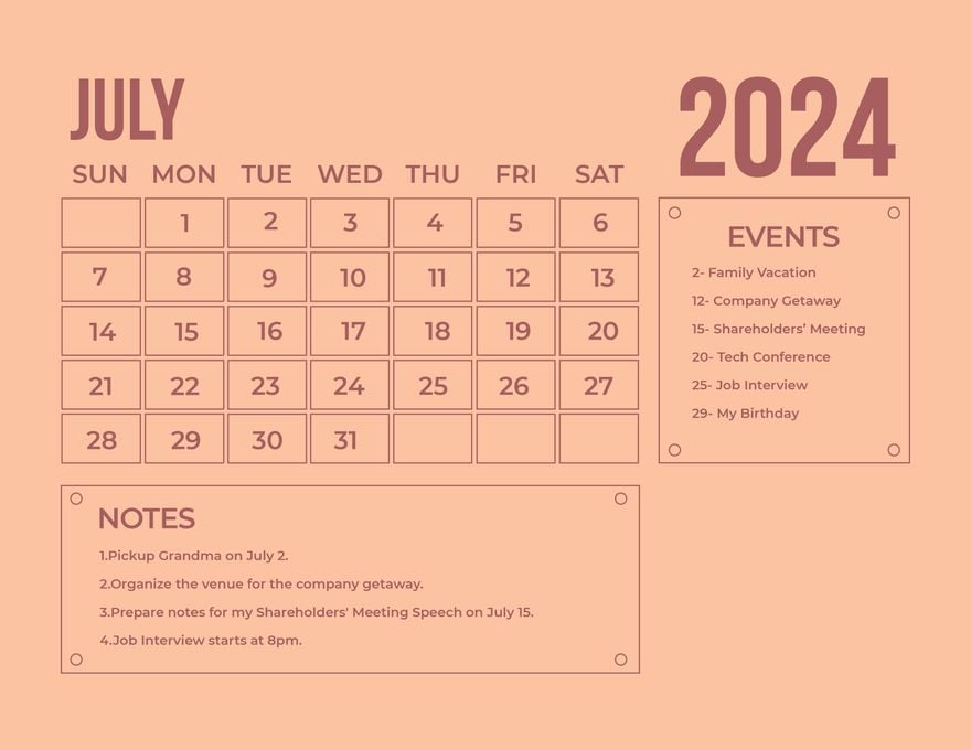 Printable July 2024 Calendar in Word, Illustrator, EPS, SVG, JPG