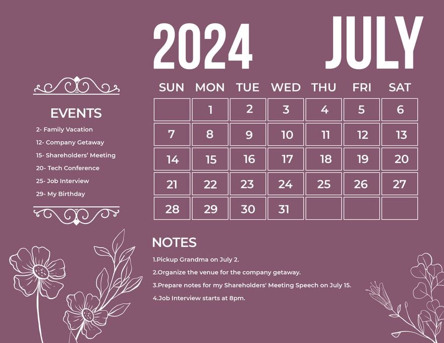 Free Pretty July 2024 Calendar in Word, Illustrator, EPS, SVG, JPG