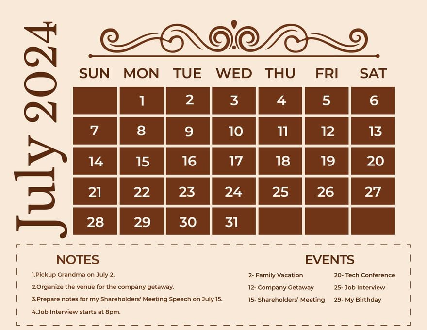 Fancy July 2024 Calendar in Word, Illustrator, EPS, SVG, JPG