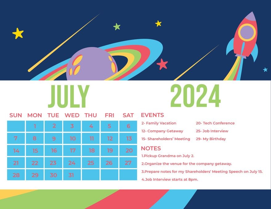 Colorful July 2024 Calendar