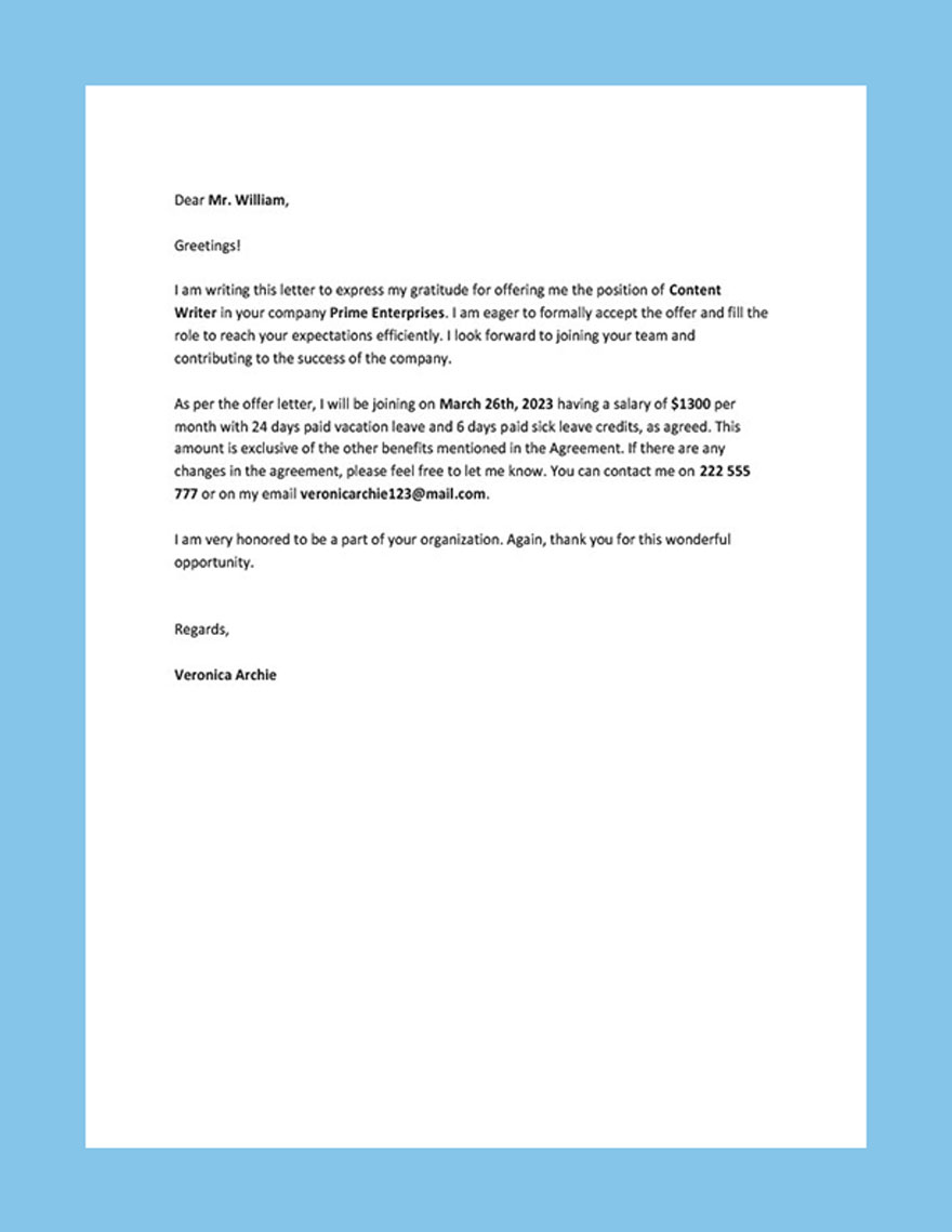Thank You Offer Letter Template